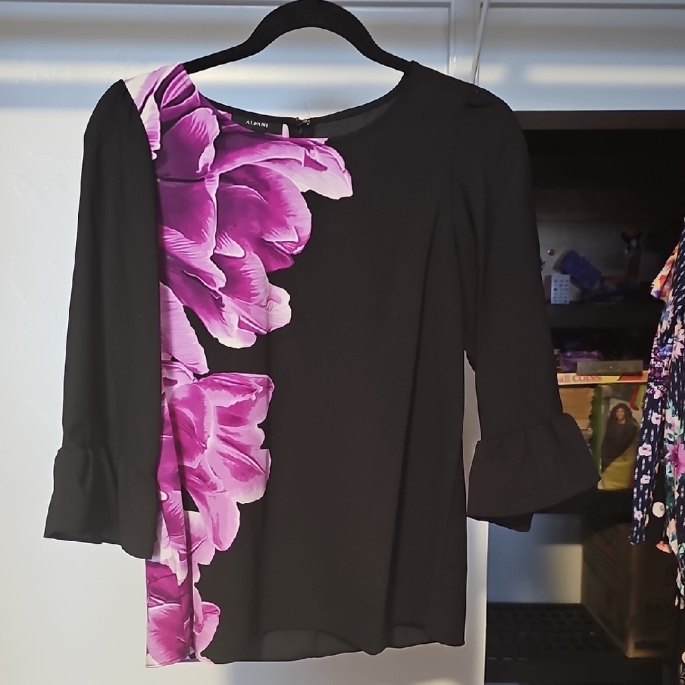 Alfani Purple and Black Asymmetrical Ruffled Blouse